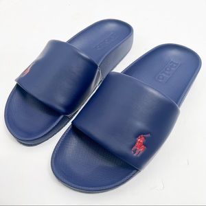 Polo Ralph Lauren CAYSON SOLID NAVY BLUE w/ Red Pony Slide Sandals